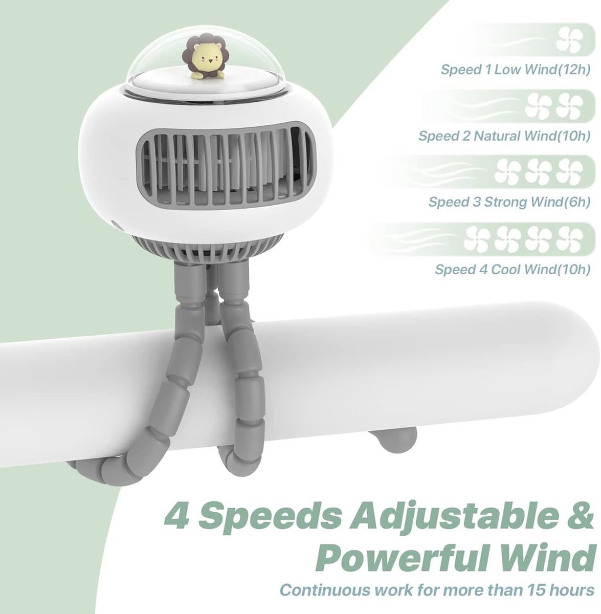 Stille USB-ventilator voor kinderwagens - Oplaadbaar, 4 Snelheden, Flexibel Statief en Handheld Gebruik — afbeelding 1
