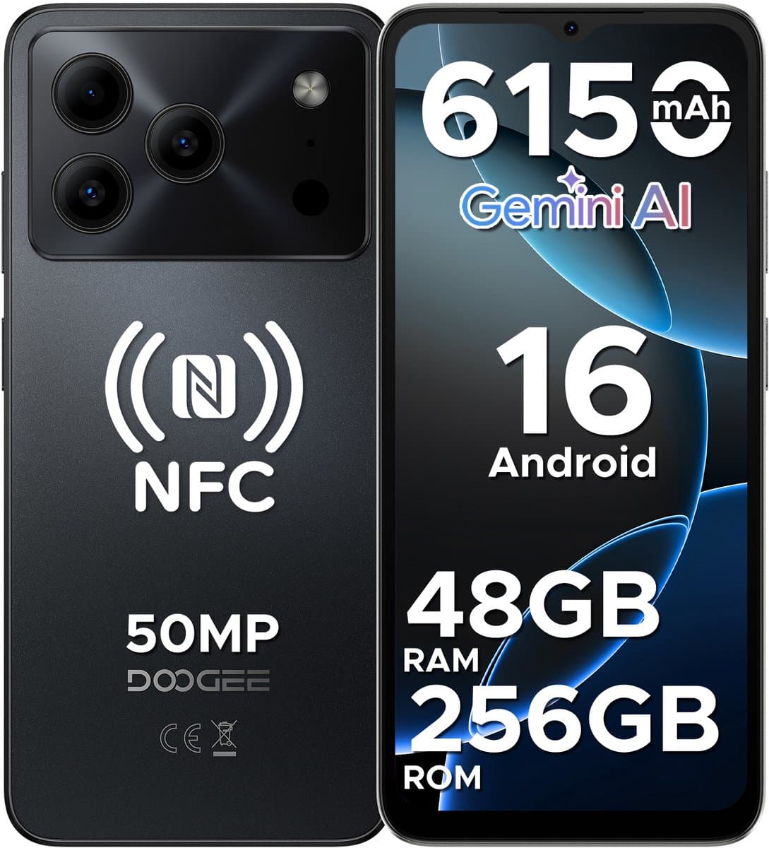 DOOGEE Note 56 Plus - Smartphone - Telefoon - 48 GB RAM+ 256 GB ROM (2TB/TF) - 50 MP camera - 6150 mAh/18W - 6.56 inch 90Hz - Gemini AI - Widevine L1 - NFC - Face ID - Vingerafdruk - GPS - Zwart — afbeelding 1