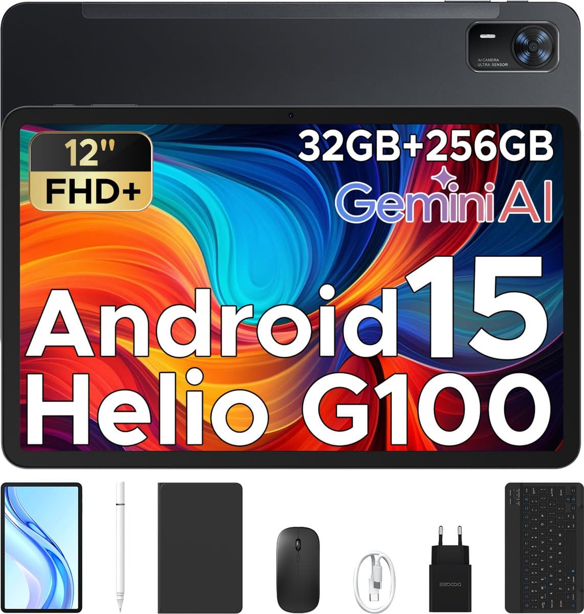 Tablet met Doogee Tab E3 Toetsenbord+ Android 15 Batterij 8800 mAh 12 "FHD+ 90Hz 32 GB+ 256 GB, Helio G100 Octa-Core Sim Face ID,Zwart — afbeelding 1