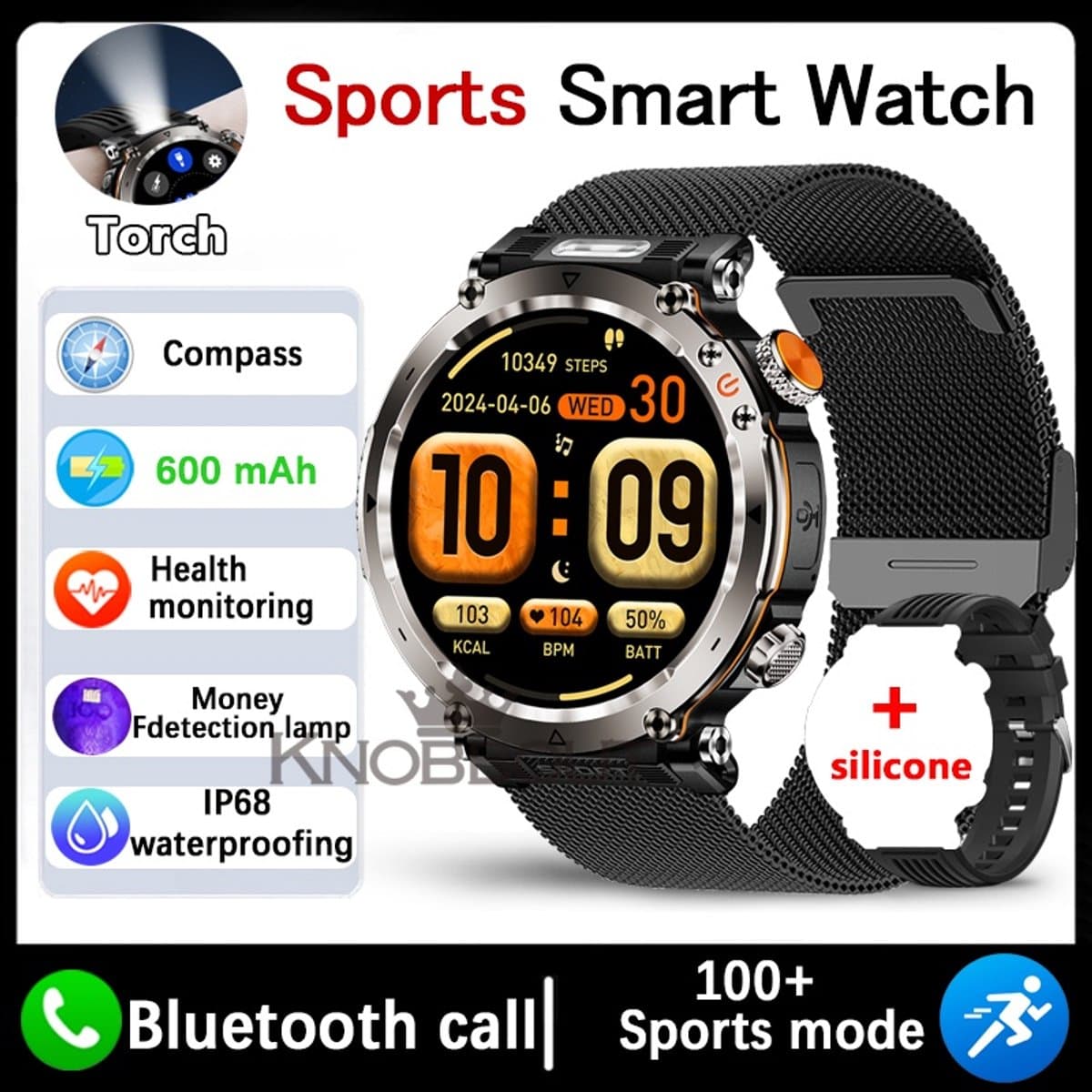 Knobbout 1.7" Outdoor Smartwatch – Digitale Kompas - LED & UV Licht -600mAh batterij - Bluetooth Bellen- IP68 Waterdicht -AI Spraakassistent - Gezondheid & Sportfuncties -Zwart staal + Siliconen Band — afbeelding 1