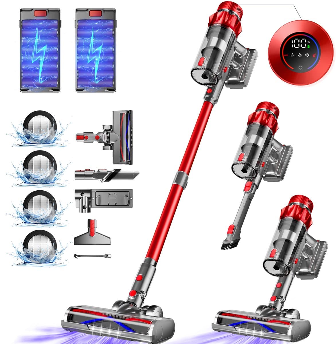 Elekiatech Steelstofzuiger - Steelstofzuiger Draadloos - Met 2 Accu’s - 70000Pa - 3 Standen Zuigkracht - LED-Display - 2200 mAh Accu - 20–70 Min Werktijd - 1,8L - Met Meubelborstel - Voor Tapijt, Harde Vloeren en Dierenharen - Rood — afbeelding 1