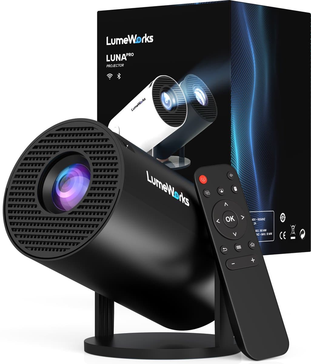 LumeWorks Luna Pro Mini Beamer Editie 2025 - Projector - 4K Support - Geschikt voor IOS en Android - Android 11 - Draagbaar - Thuisbioscoop - Zwart — afbeelding 1