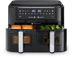 KitchenBrothers Dubbele Airfryer - PFAS-vrij - 2400W - Dual Zone - 9L - Heteluchtfriteuse - Airfryer XXL - 2 x 4.5L - 10 Kookprogramma's - Zwart