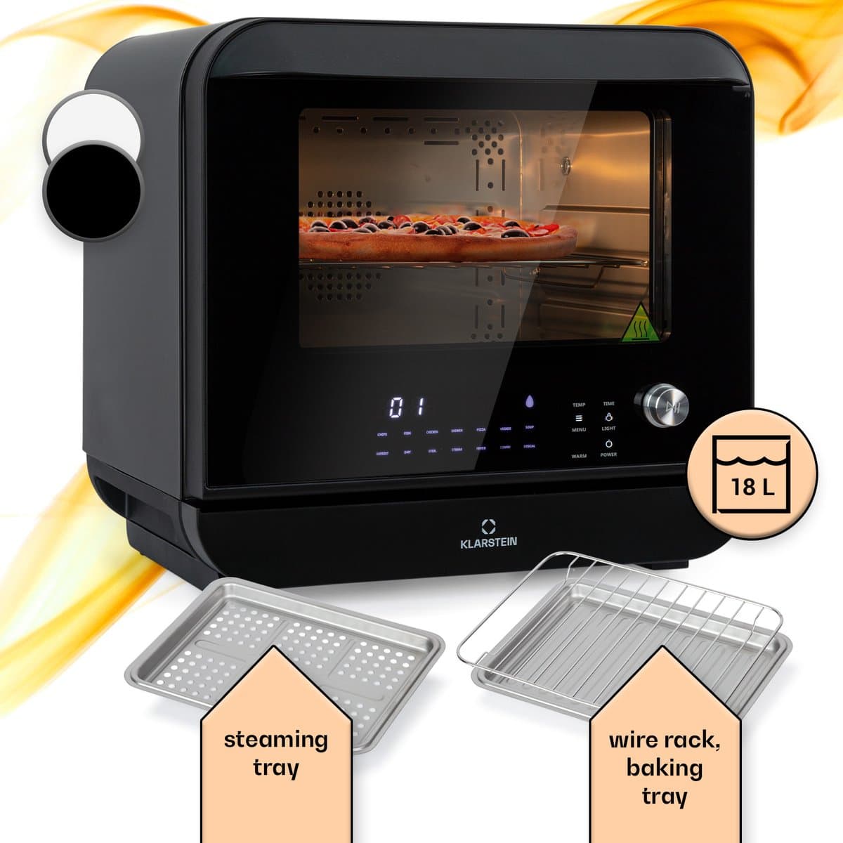 Klarstein 18 L Heteluchtfriteuse, Airfryer met Stoom- en Droogfunctie, Snelle XXL Heteluchtfriteuse, Timer, 10 Programma’s, Airfryer voor Heteluchtfrituren, 2450 W Heteluchtfriteuse zonder Vet — afbeelding 1