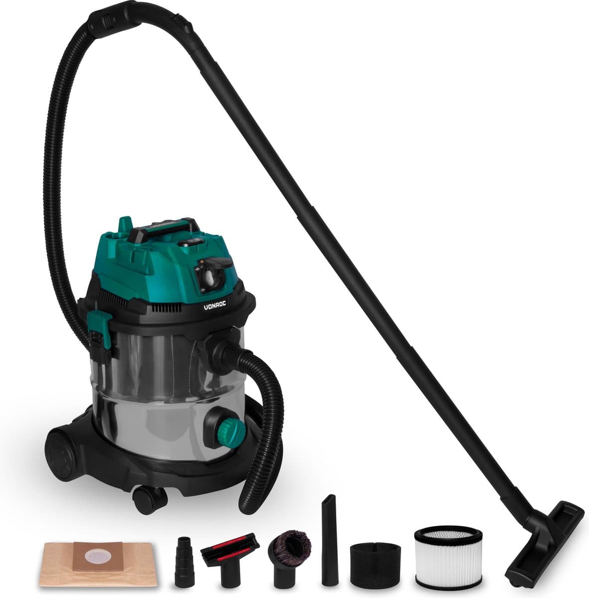 VONROC Nat- en droogzuiger / Stofzuiger - 1400W – Inschakelautomaat - Blaasfunctie – 20L RVS tank – 3m slang - 6m stroomkabel — afbeelding 1