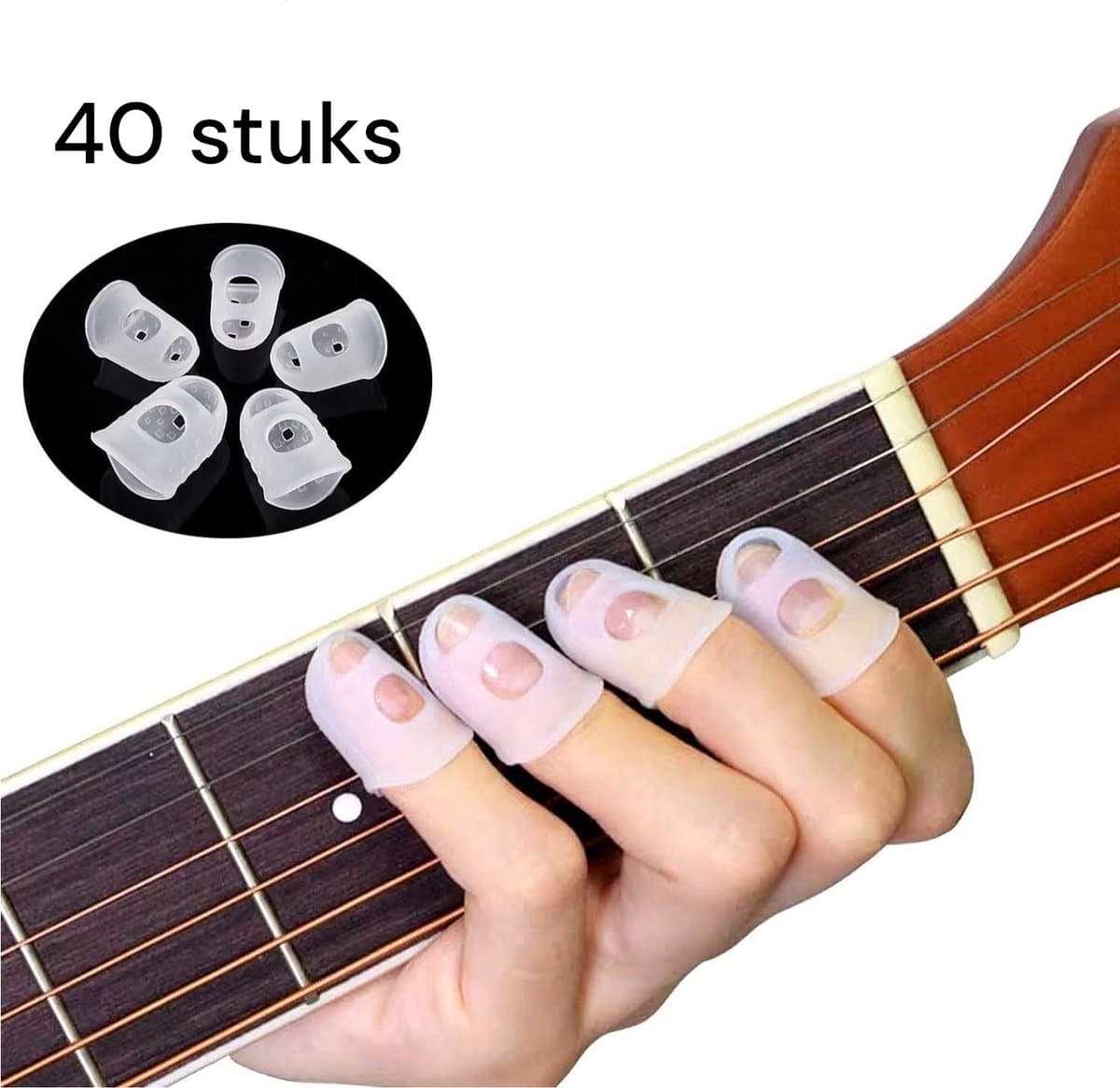 Gitaar vingertopbeschermers - 40 stuks siliconen gitaar vingerbeschermers beschermkappen voor gitaar ukelele bas, naaien en borduren (5 maten) (transparant) — afbeelding 1