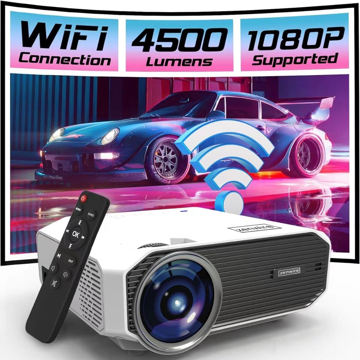 Mini Bemaer Zenwire E450S - Beamer - Mini Projector Full HD WiFi 2.4/5 Ghz Bluetooth 5.0 - 4500lm / 1500:1 / 36-150" - Focus / Keystone +/- 15° / 360 functie — afbeelding 1