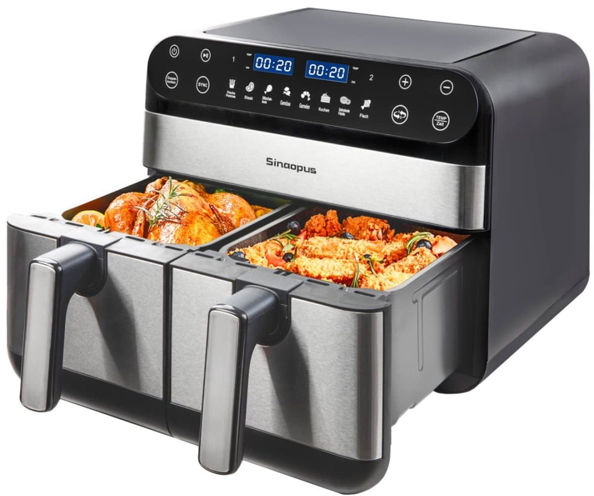 Digitale Airfryer XXL 10L Sinaopus 920 – Heteluchtfriteuse met Dubbele Mand en DualMand Onafhankelijke Snelle Opwarming – Voor Gezinnen – 8 Programma’s – LED Touchscreen – Kijkvenster – Makkelijk te Reinigen – Capaciteit voor 7 Personen — afbeelding 1