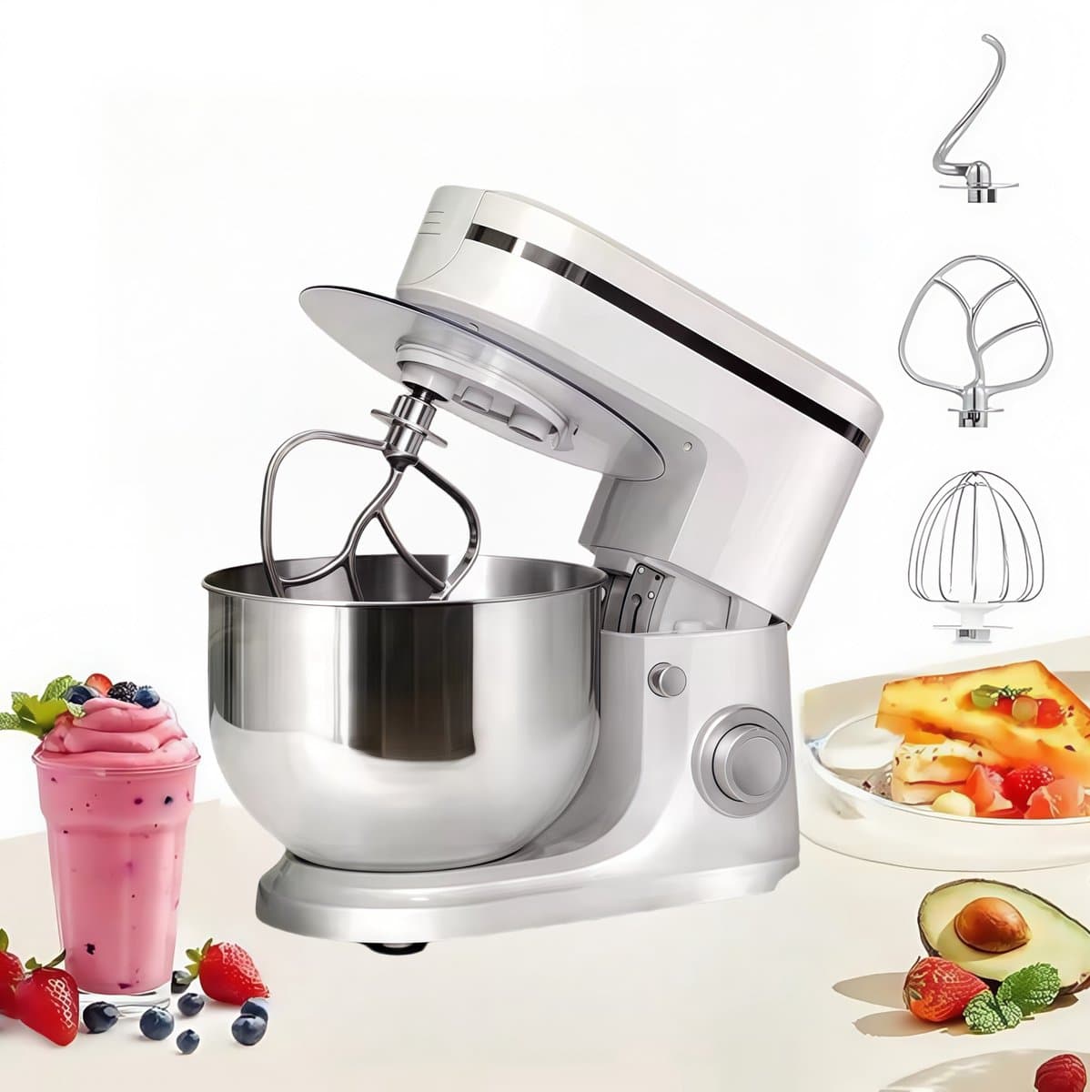 Traumheim® XS-002 6L 3-in-1 multifunctionele standaardmixer, 1500W keukenmachine, 6+P snelheid, knedenmachine met 3 accessoires en kom (wit) — afbeelding 1