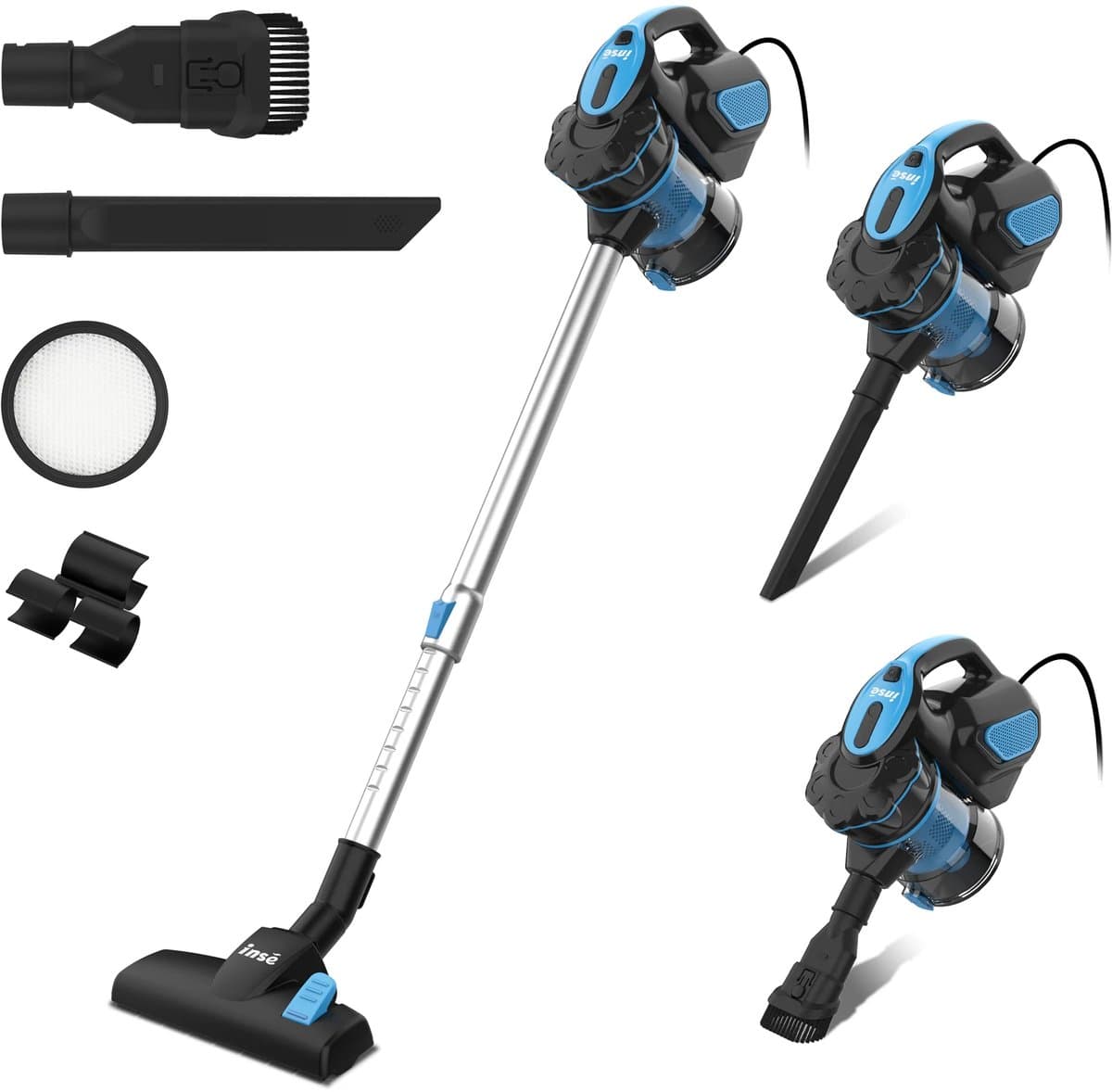 Steelstofzuiger met draad - 3 in 1 Stofzuiger zonder zak - Handstofzuiger met snoer en steel - 3 verschillende opzetstukken - 600W - blauw — afbeelding 1