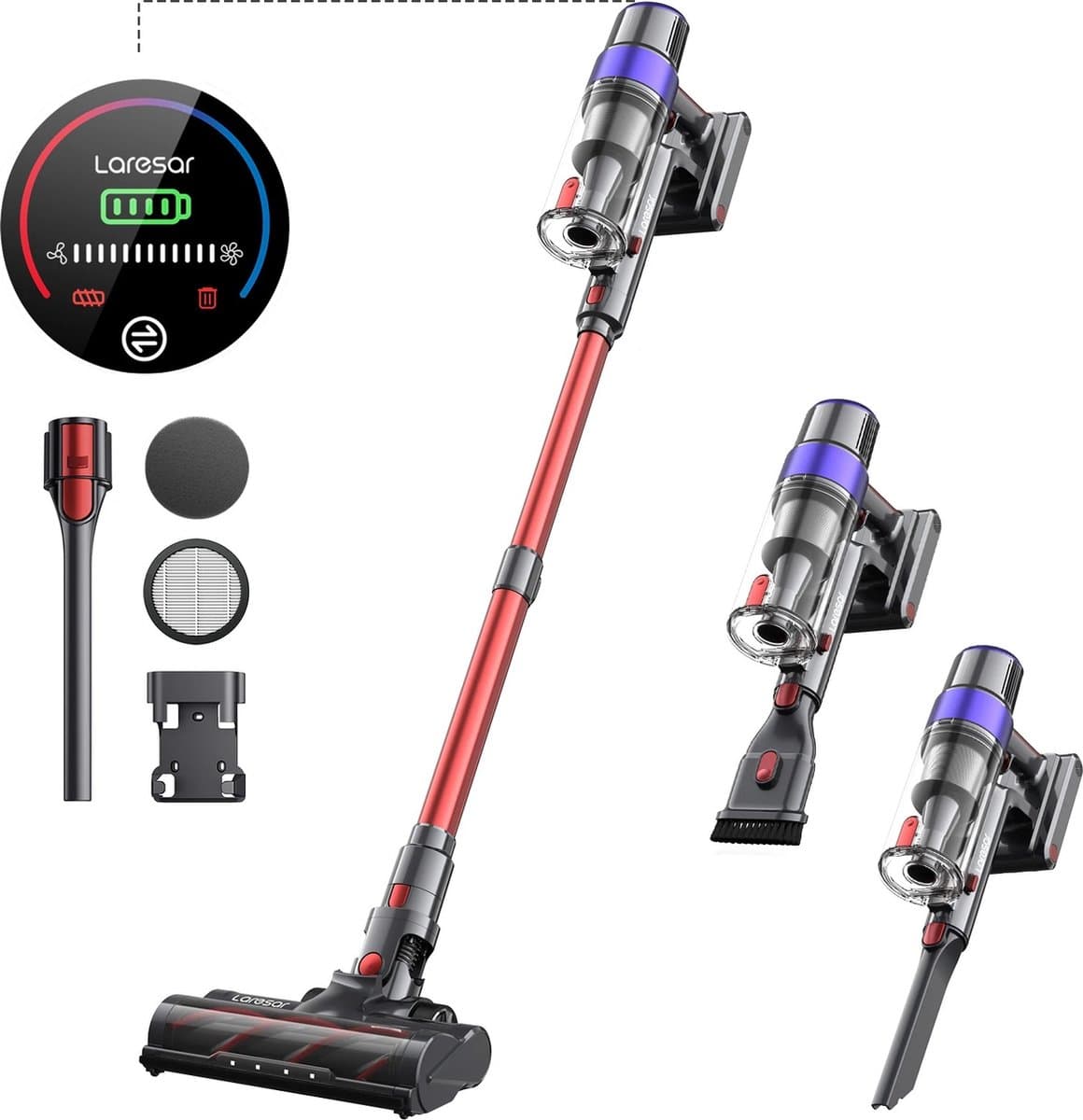 Draadloze steelstofzuiger - 48000 PA - 500W - 60 min - LED scherm - Zonder zak - 3 opzetstukken - 1 liter stofbak - Paars, antraciet — afbeelding 1