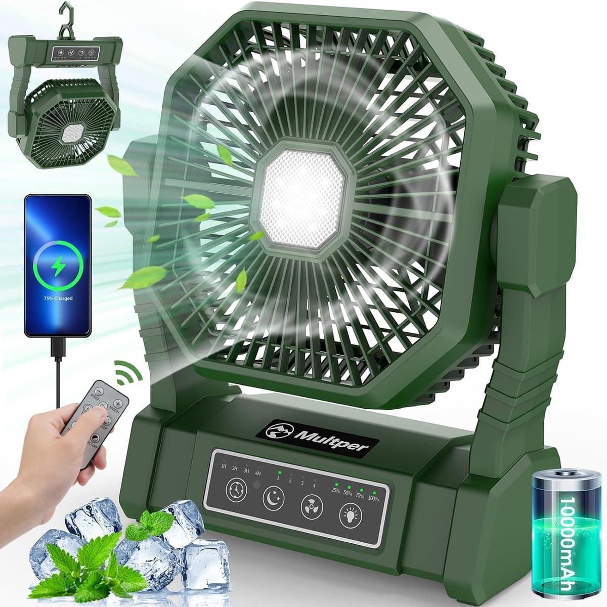 Camping Ventilator met LED Verlichting – Oplaadbare Tafelventilator – 10000mAh Accu – Afstandsbediening – 4 Snelheden & Time — afbeelding 1