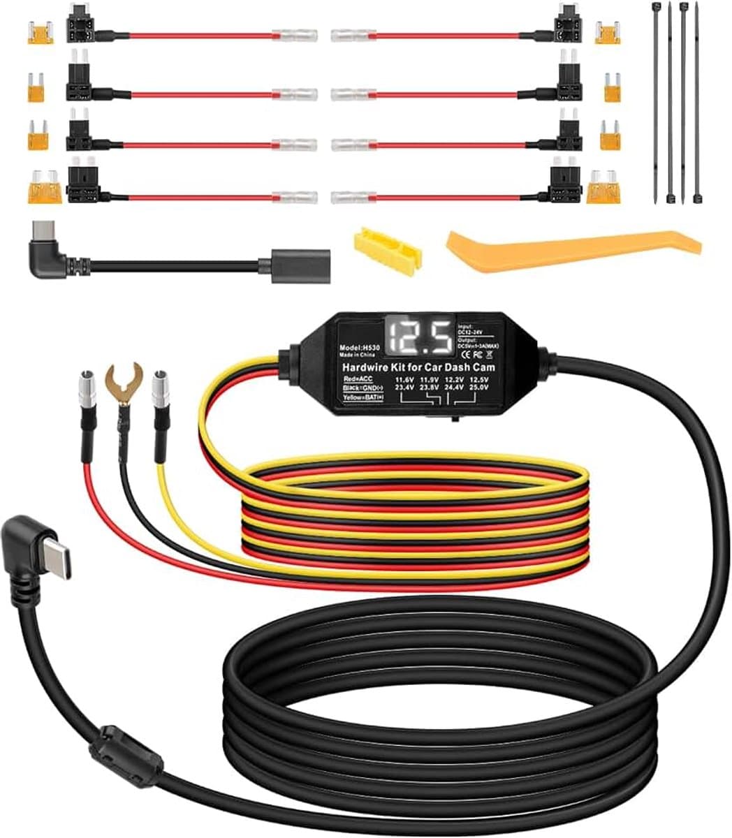 Multi-Size Dash Cam Hardwire Kit met LED-scherm 3-aderige acc hardwire kit voor dashcam 12V-24V naar 5V Type-C harde bedradingsset voedingskabel, ondersteuning ACC-modus (3,5 m) — afbeelding 1