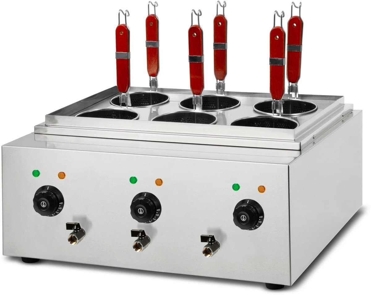 VERTES Gastro pastakoker, roestvrij staal, elektrisch, 3 x 1700 watt, 3 aparte kookbakken van elk 6 liter, 6 pastamandjes, 3 aftapkranen, 3 temperatuurinstellingen — afbeelding 1