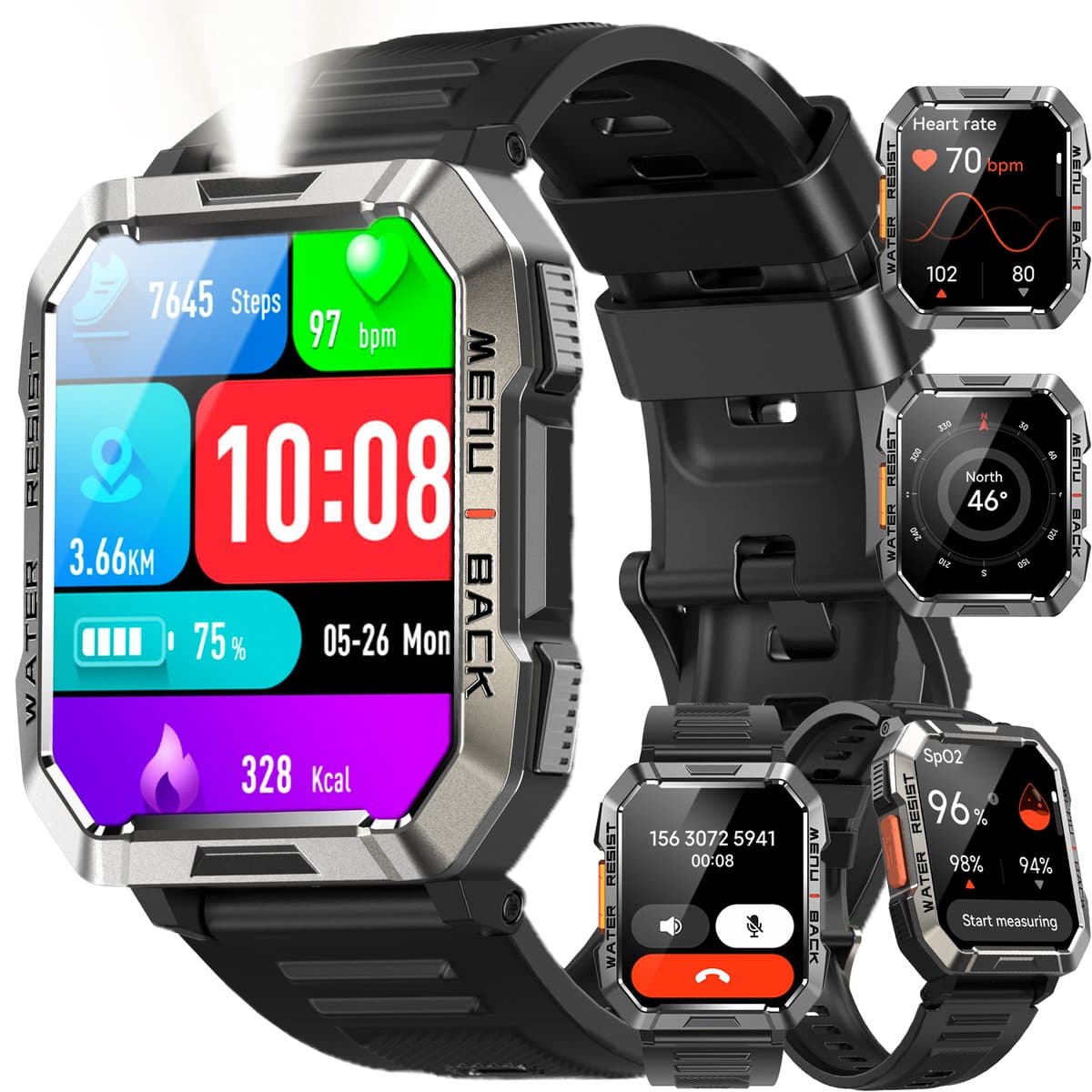 Militair Smartwatch Heren - W60 - Sporthorloge - Beantwoorden | Bellen - Buitensportsmartwatch Met Zaklamp - 100 Dagen Batterij | Kompas | Hartslag | SpO2 | Slaapmonitor - Fitnesstracker voor iOS/ Android -Zwart — afbeelding 1