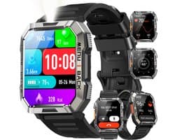 Militair Smartwatch Heren - W60 - Sporthorloge - Beantwoorden | Bellen - Buitensportsmartwatch Met Zaklamp - 100 Dagen Batterij | Kompas | Hartslag | SpO2 | Slaapmonitor - Fitnesstracker voor iOS/ Android -Zwart