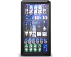 Flolife - Drankenkoelkast 90L - Drankkoeler - Minibar - Bierkoelkast - Frisdrankkoelkast - Wijnkoelkast - 128 Blikjes - Dubbel Glas - LED Verlichting - Verstelbare Planken - Zwart - Energieklasse C