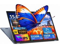 Ninkear 15.6 inch 2-in-1 Touchscreen Laptop - AMD Ryzen 3 3200U - 16GB RAM - 512GB SSD - FHD IPS - 360° Draaibaar - Windows 11 Pro - Dual-Band WiFi - Zilver