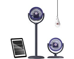 Kraftverdia – Camping fan — Staande ventilator – Draagbare ventilator op zonne-energie – Uitgerust met zonnepaneel – USB – Oplaadbare batterij – 5 windsnelheden – Geschikt voor binnen, kamperen, picknicks en buitenwerk