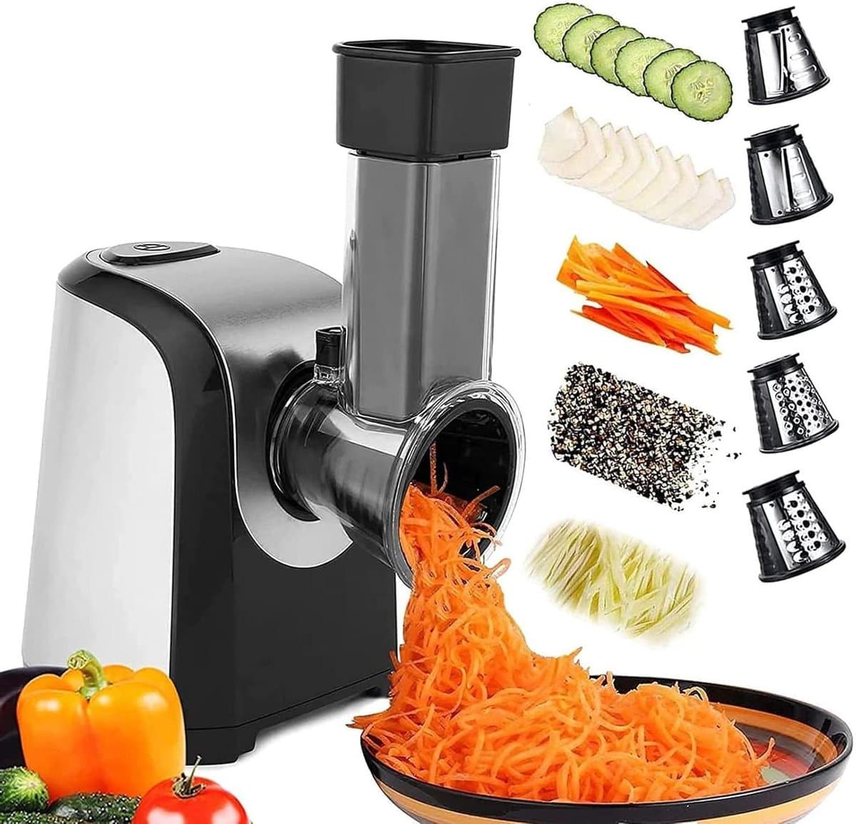 Elektrische Groentesnijder - Keukenmachine Raspen - Snel Groenten Snijden - 5-in-1 Kegelmessen - 150 Watt Motor - Zilver Zwart — afbeelding 1