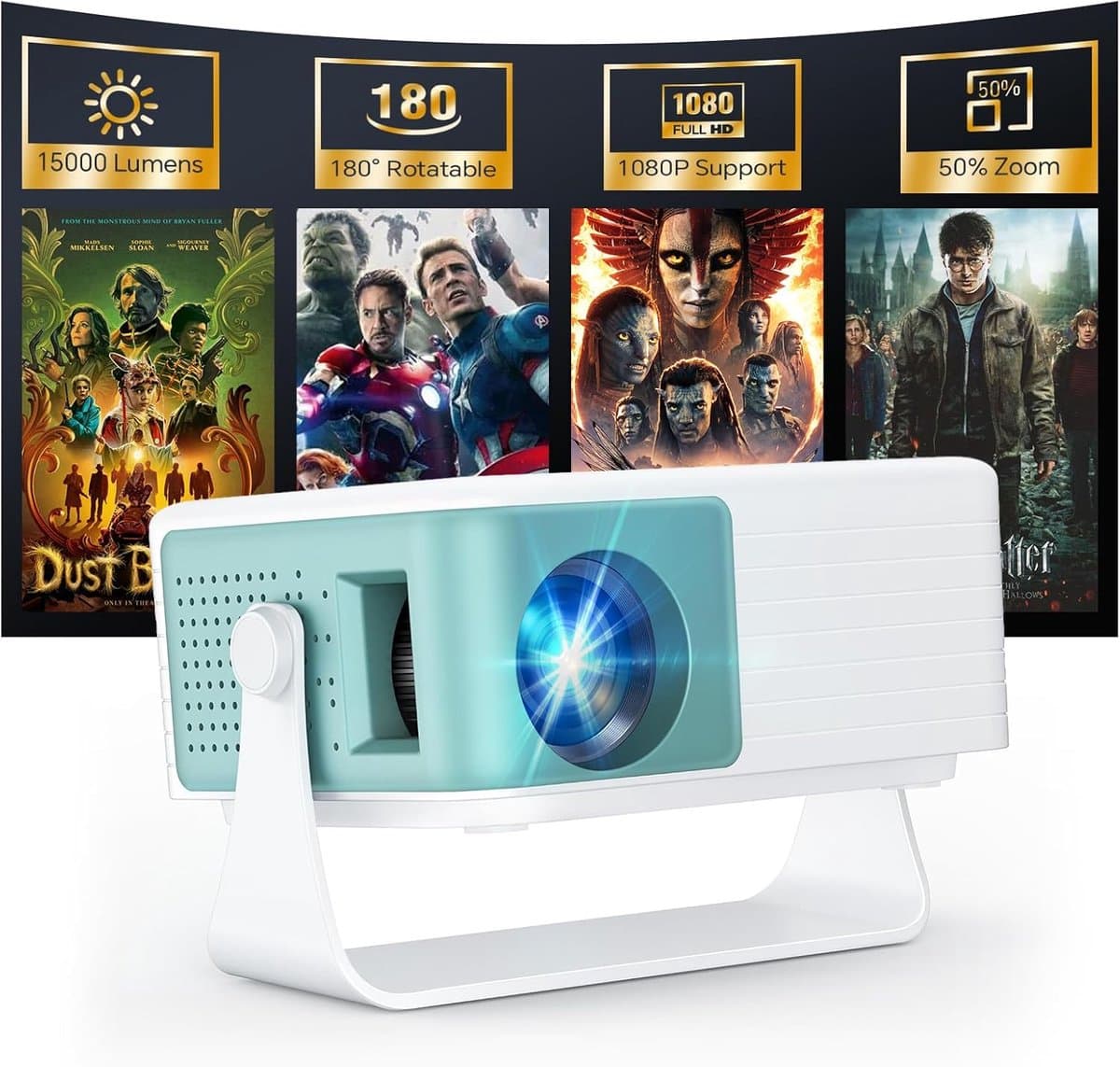 Mini Projector, draagbare projector met 1080p-ingang, native 720p-resolutie, automatische keystone-correctie, 50% zoom en 180° rotatie, compatibel met iOS/Android/laptop/tv-stick — afbeelding 1