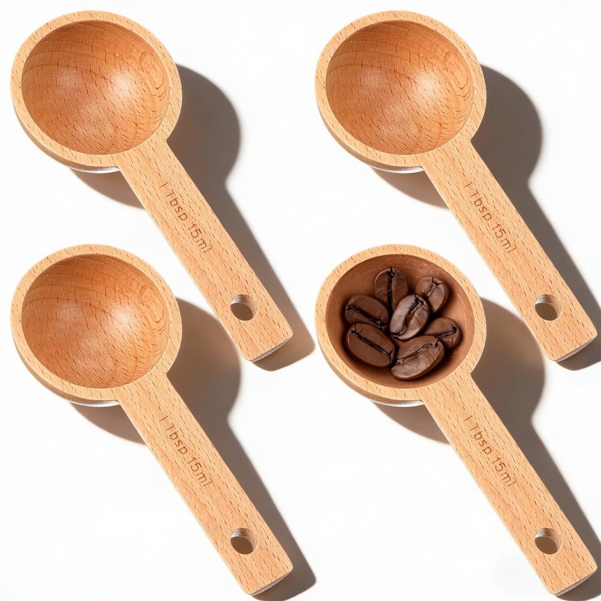 Dailygoody - Set van 4 Houten Koffieschepjes - Beukenhout - 15 ml - Keukenaccessoires voor Koffie en Specerijen — afbeelding 1