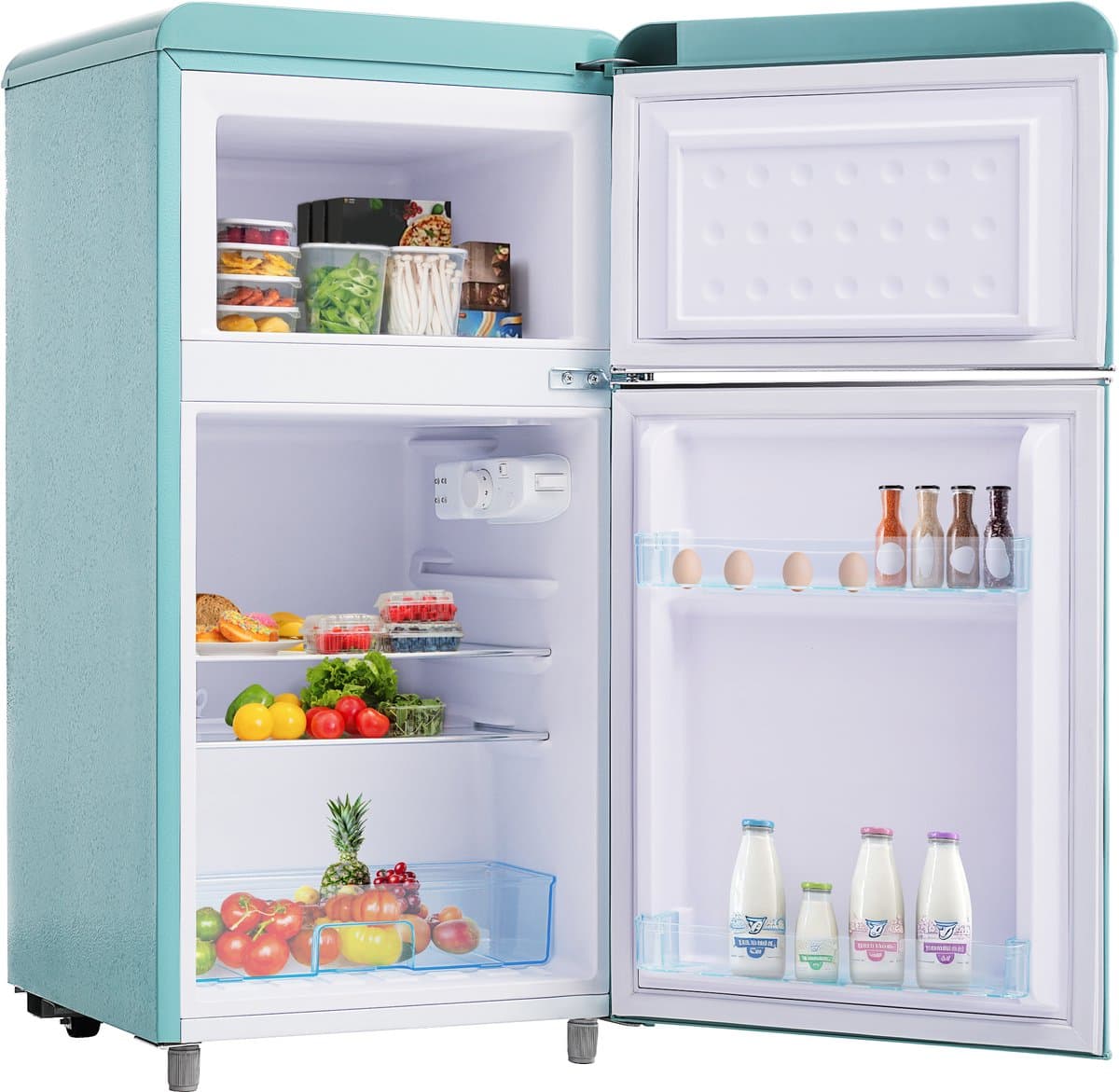 Retro koelkast - Dubbeldeurs koelkast - Koel-vriescombinatie - Vrijstaand - 72L - 39dB - LED licht - Keuken - 91 cm - Koelen - Cyaan — afbeelding 1