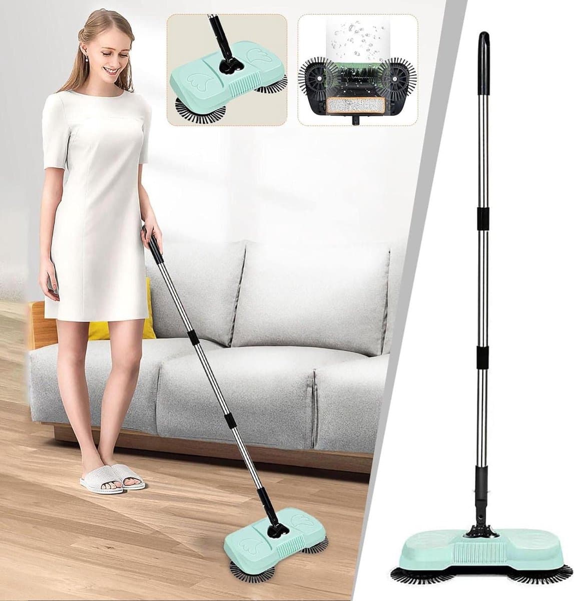 Veger Mop Stofzuiger - Vloerreiniger Handmatig - Huishoudelijk Schoonmaken - Drie-in-één Functionaliteit - 1 Stuks - Mintgroen — afbeelding 1