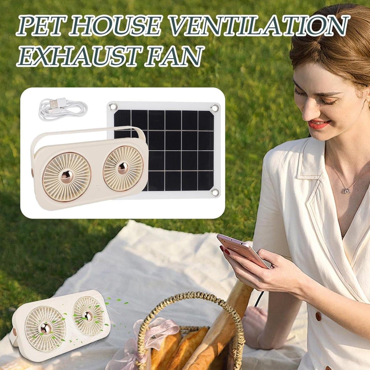 Huisventilator Zonne-energie - Buiten Ventilator - Luchtcirculatie Buiten - Energiezuinig Accu - 20W Paneel - Beige — afbeelding 1
