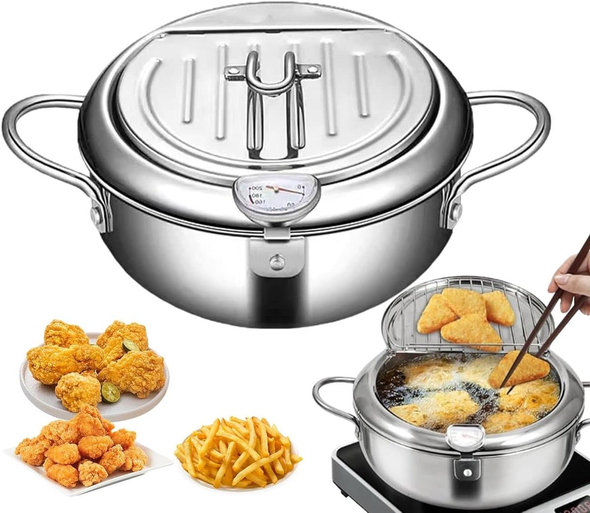 Oliefriteuse Roestvrij Staal - Friteuse Pan - Thuis Frituren - Met Ingebouwde Thermometer - 28 cm Diameter - Zilverkleurig — afbeelding 1
