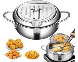 Oliefriteuse Roestvrij Staal - Friteuse Pan - Thuis Frituren - Met Ingebouwde Thermometer - 28 cm Diameter - Zilverkleurig