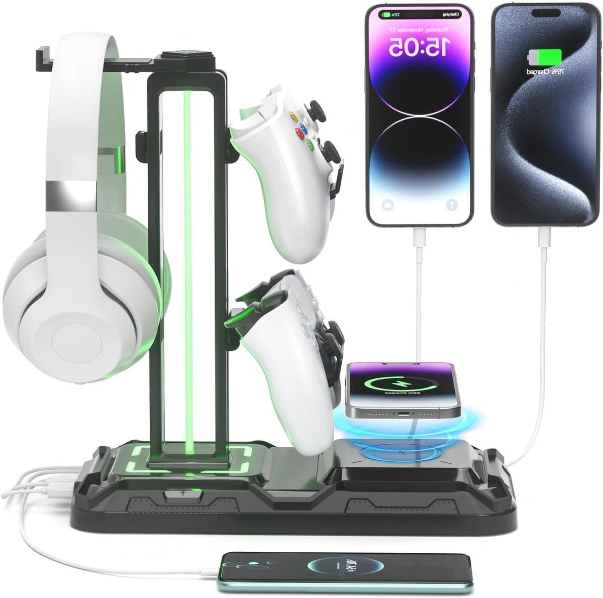 Hoofdtelefoonstandaard met Draaibare Controllerhouder, Draadloos Opladen, 9 Lichtstanden en 2 USB Poorten - Ideaal voor Gaming Accessoires en Bureau Organisatie — afbeelding 1