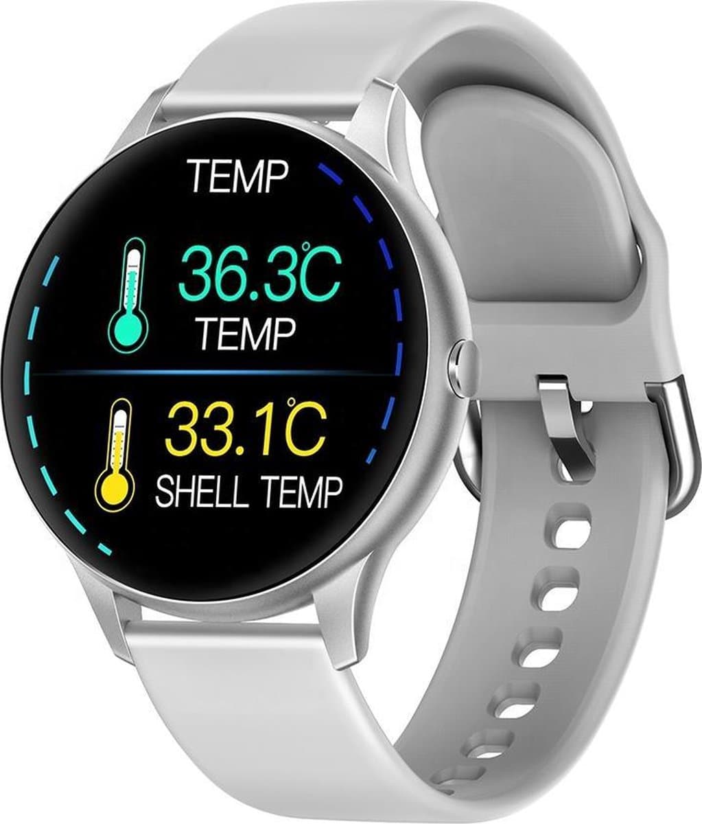 Belesy® Callisto - Smartwatch Dames – Smartwatch Heren - Horloge - Stappenteller - Kleurenscherm - Koortsmeter – Bloeddruk - Full Touch - Maak je eigen wijzerplaat – Zilver - Grijs – Siliconen - Moederdag — afbeelding 1
