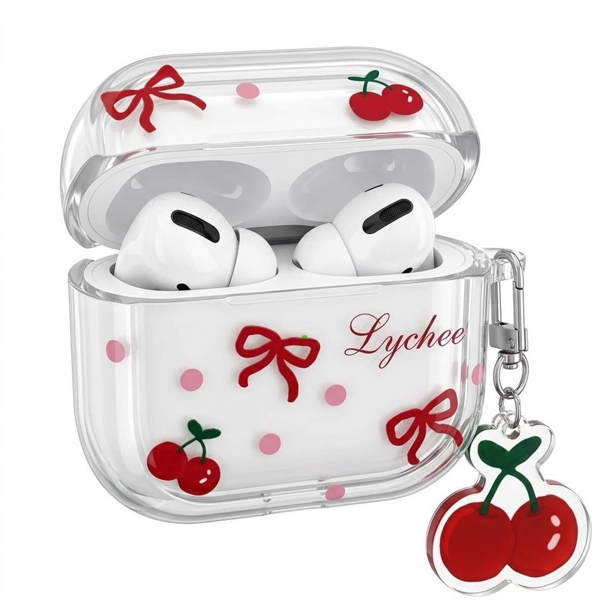 Transparant hoesje voor oordopjes dames met kersen en strikjes patroon en decoratieve hanger geschikt voor AirPods Pro 3 met TPU beschermhoes en clip — afbeelding 1