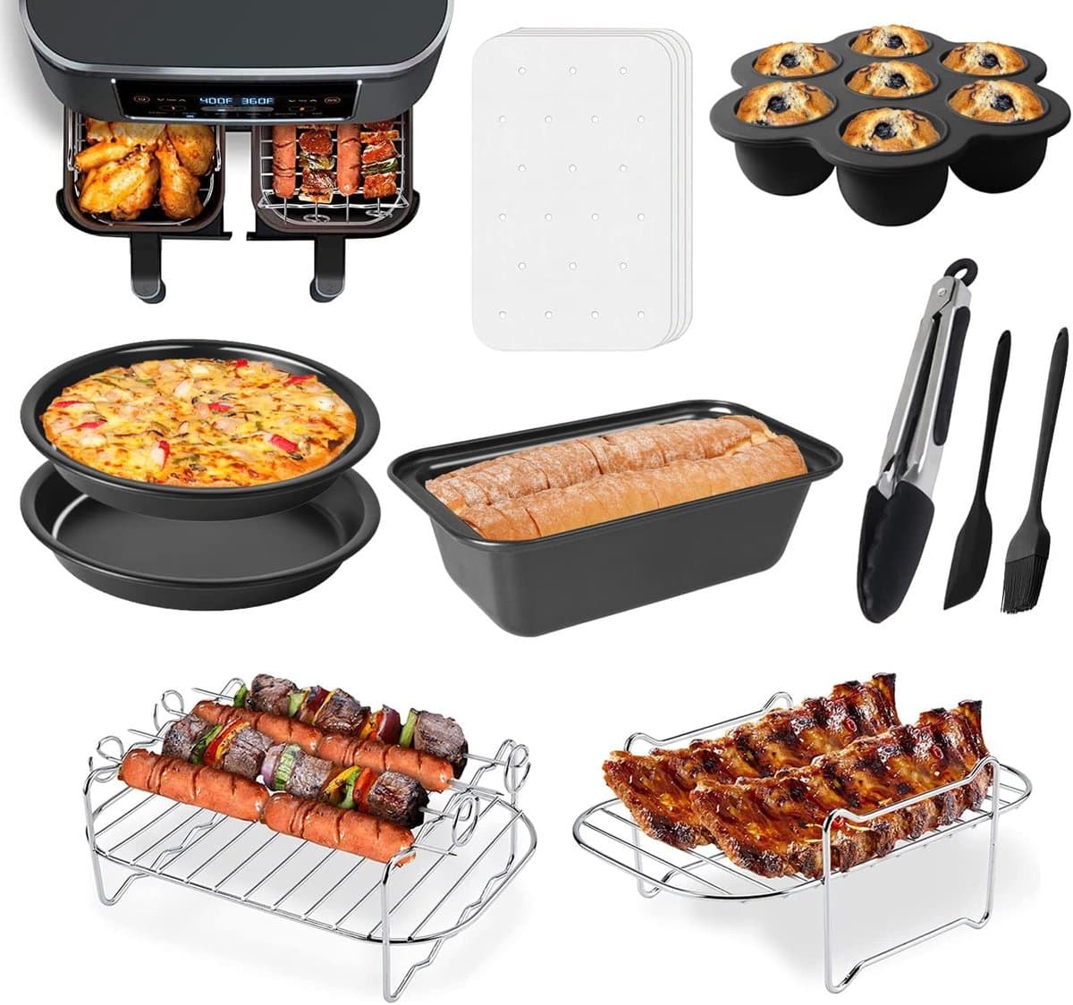 10-delige Accessoireset Geschikt voor Ninja Dual Airfryer DZ201 - DZ401 - Geschikt voor 8-10 Quart Dual Zone Airfryers - Met Cake Pan - Airfryer Accessoires Set - Pizza Pan - Rack - Spiesjes en Papier Liners — afbeelding 1