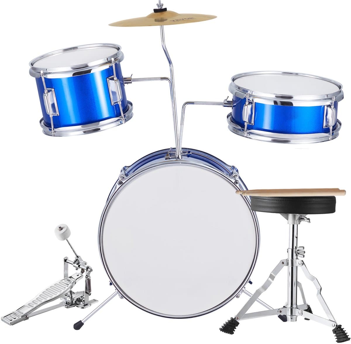 3-delig Kinder Drumstel – 14 Inch Beginner Drumset met Verstelbare Zit, Becken, Pedalen – 20 cm Tom, 25 cm Snare, 35 cm Bass Drum – Starterset voor Kinderen – Blauw — afbeelding 1