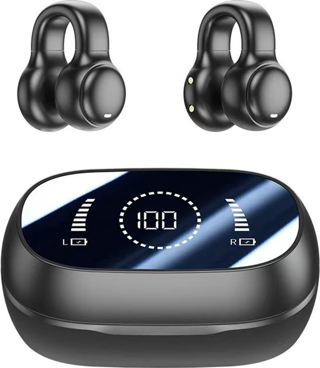 Draadloze Oordopjes- bluetooth oordopjes-Clip on design -sporthoofdtelefoon-Bluetooth5.3- draadloos - DT4.0 directionele geluidsoverdracht -120 uur batterijduur-Digitaal HD-scherm-Niet moe na langdurig dragen - zwart — afbeelding 1