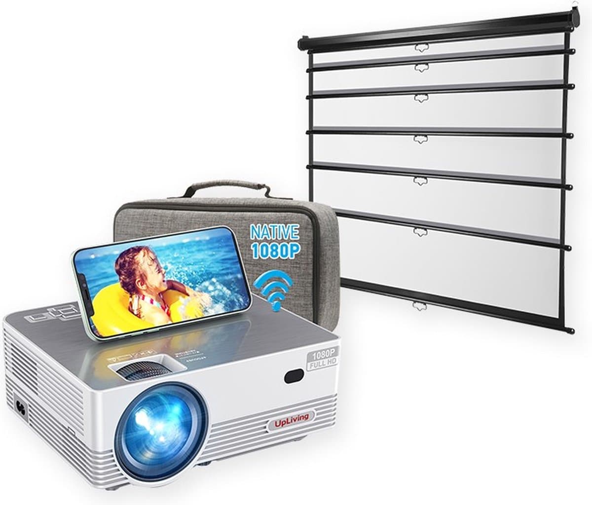 UpLiving® LCD Mini Beamer met Projectiescherm | Behuizing Zwart en 236cm Breed | 100 inch 16:9 | | Met WiFi | Met Bluetooth | Native Full HD | 10.000:1 Contrastratio | 8.000 Lumen | Projector - Afstandsbediening - Draagtas — afbeelding 1