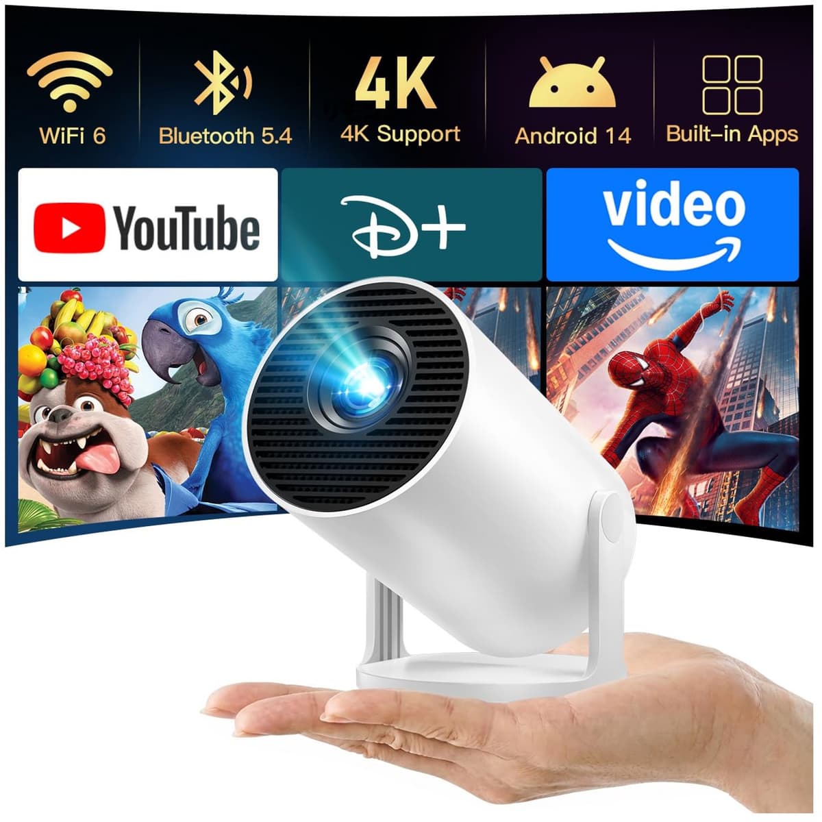 Mini Beamer Draagbaar - 1280 x 720 LCD Resolutie - Bluetooth Wi-Fi 6 Connectiviteit - 8,9 x 8,9 x 15,2 cm Compact - Voor Thuisbioscoop Gaming En Buiten — afbeelding 1