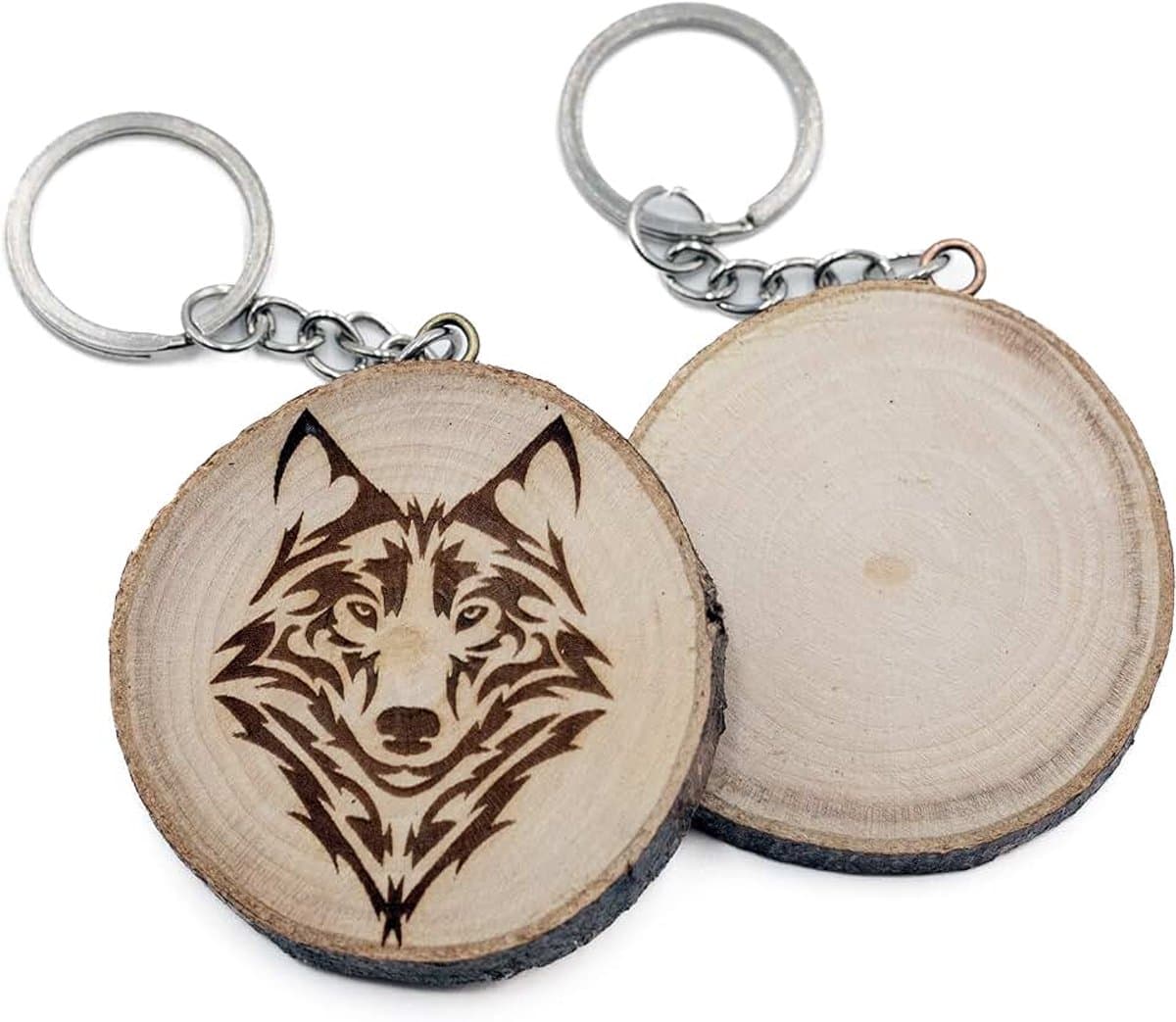 Sleutelhanger van natuurlijk hout met Tribal Wolf Tattoo stijl Wolf, Bruin, Eén maat — afbeelding 1