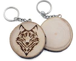 Sleutelhanger van natuurlijk hout met Tribal Wolf Tattoo stijl Wolf, Bruin, Eén maat