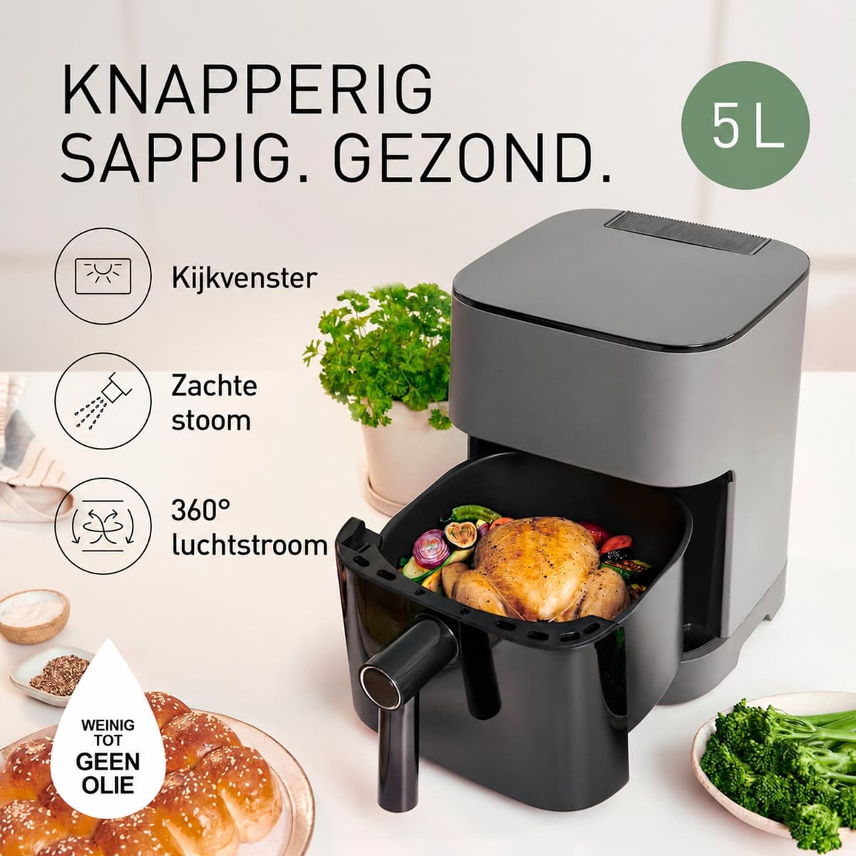 Airfryer Met Stoomfunctie - Heteluchtfriteuse - 5 Liter - 1450 W - 11 Kookprogramma’s - Kijkvenster Met Verlichting - Touchbediening - 80-200 °C - Timer - Matgrijs — afbeelding 1