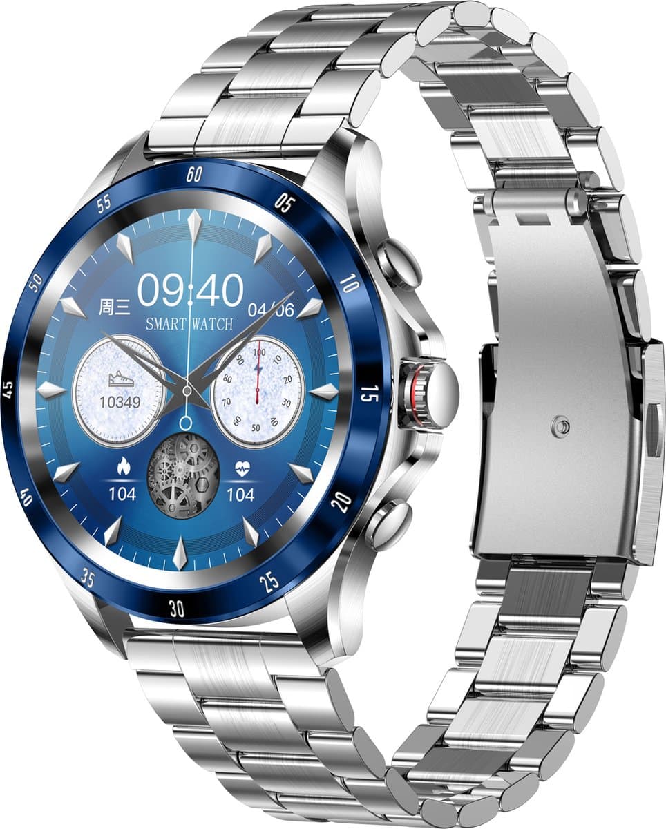 Belesy® XTRA - Smartwatch Heren – Smartwatch Dames - Horloge – Stappenteller – Calorieën - Hartslag – Bel functie - Je eigen foto als wijzerplaat - Kleurenscherm - Full Touch – Blauw - Milanees - Zilver - Moederdag — afbeelding 1