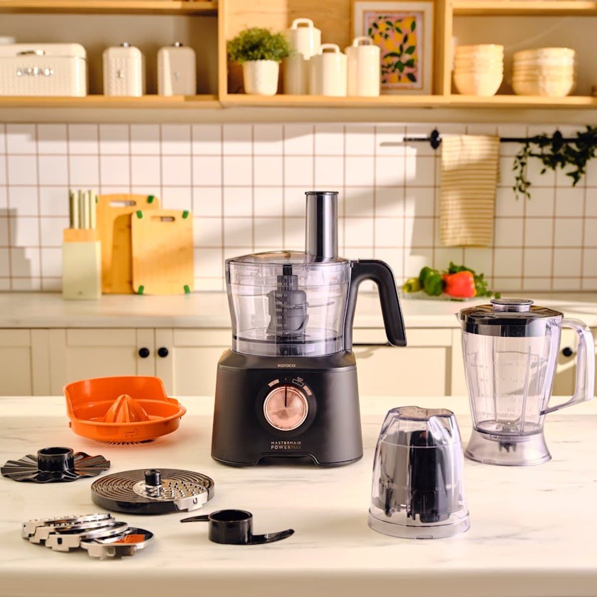 Karaca Mastermaid Power Max 11-in-1 Voedselprocessor 2500W – 1,5L Kom – Blender 1L – Citruspers – Koffiemolen – Mat Zwart Koper — afbeelding 1