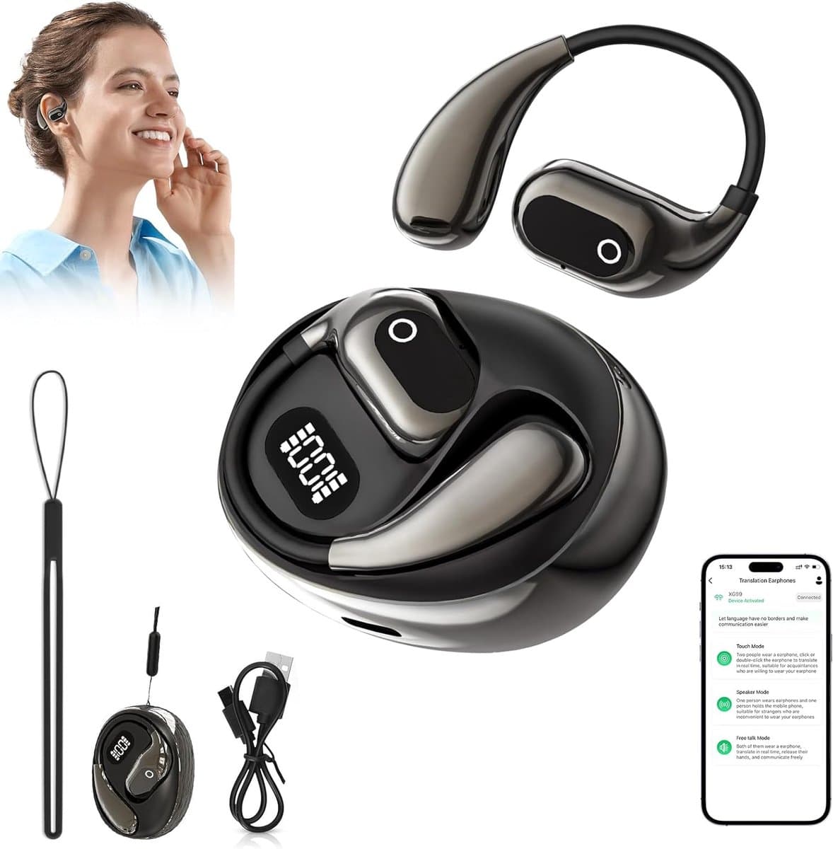 Draadloze Vertaalkoptelefoon - Bluetooth 5.0 - Realtime Vertaling 138 Talen - Noise Cancelling - 24u Accuduur - IPX5 Waterdicht - Compatibel met iOS & Android - Met Oplaadcase - Zwart — afbeelding 1