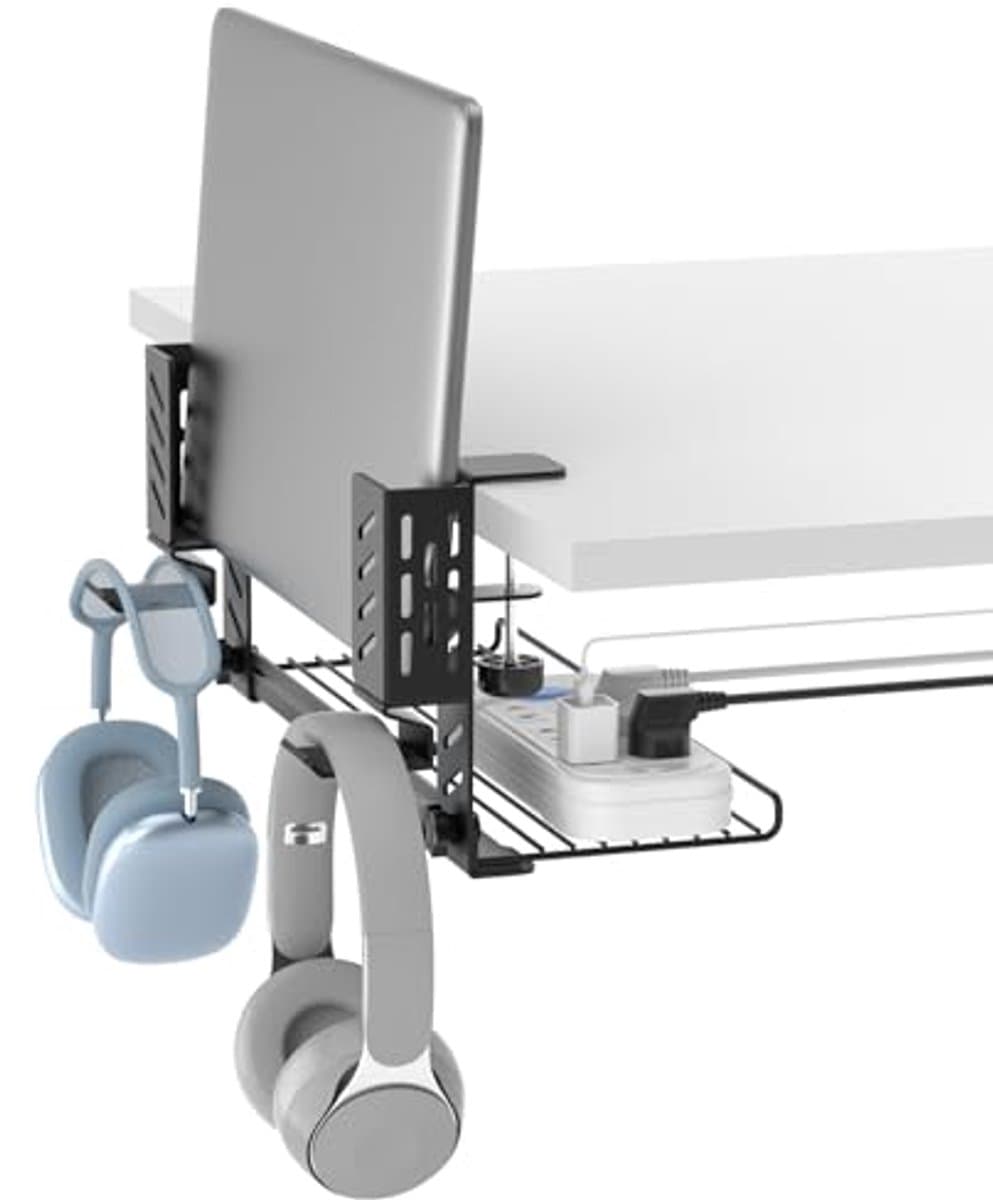 3-in-1 Laptop Houder Met Kabelbeheer en Hooftelefoonhaakjes - Verstelbare Onder-Bureau Organizer voor Thuis en Kantoor — afbeelding 1