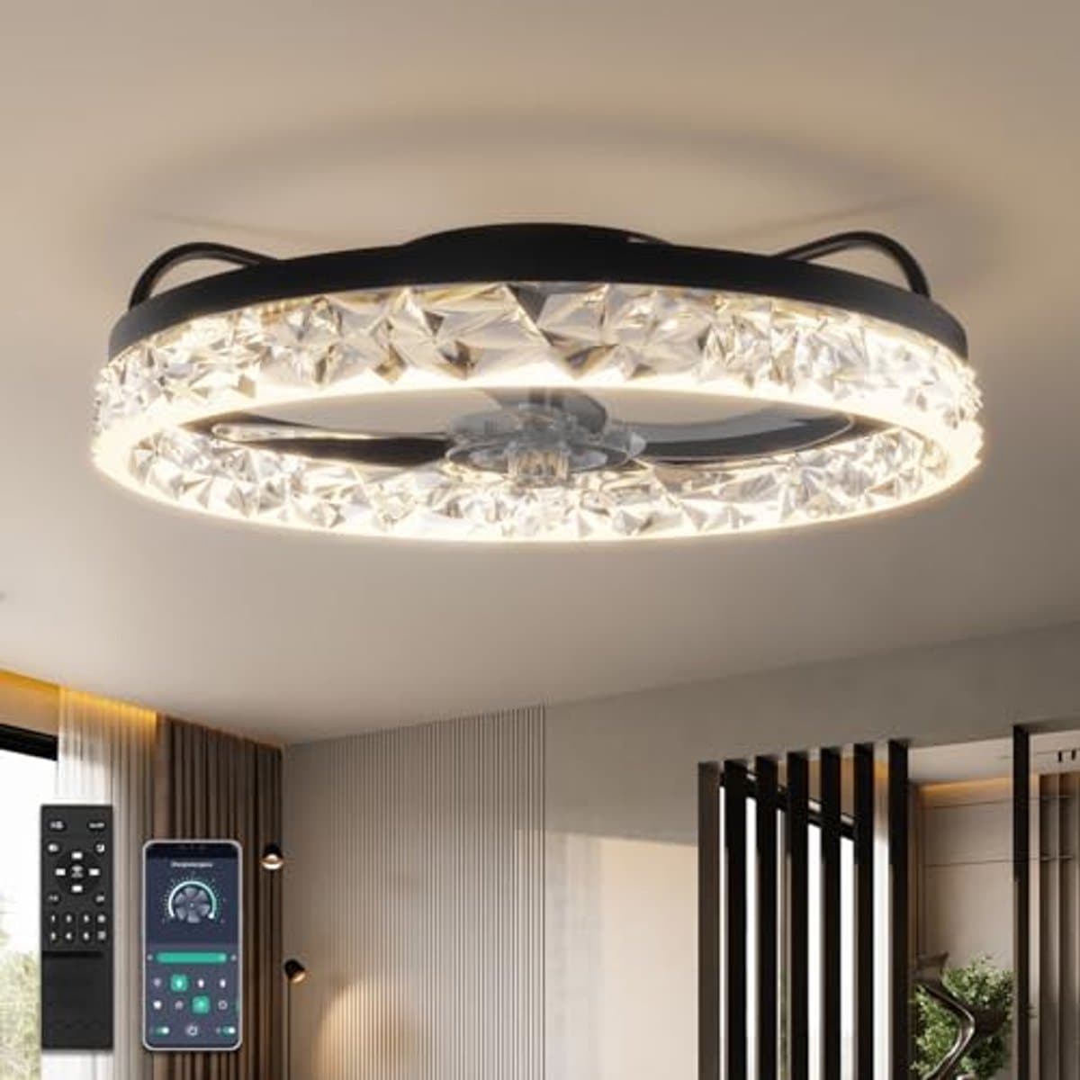 Stille Plafondventilator met Verlichting en Afstandsbediening voor Slaapkamer - Kristallen LED Kroonluchter met Verstelbare Dimfunctie en DC Motor — afbeelding 1