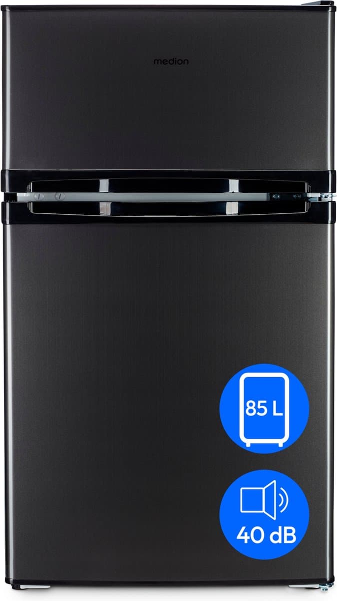 MEDION mini-koelvriescombinatie (85 liter, 61 liter koelruimte, 24 liter vriesruimte, vrijstaand, 40 dB, transparante groentelade, deurscharnieren kunnen worden verwisseld, MD 37689) grijs — afbeelding 1