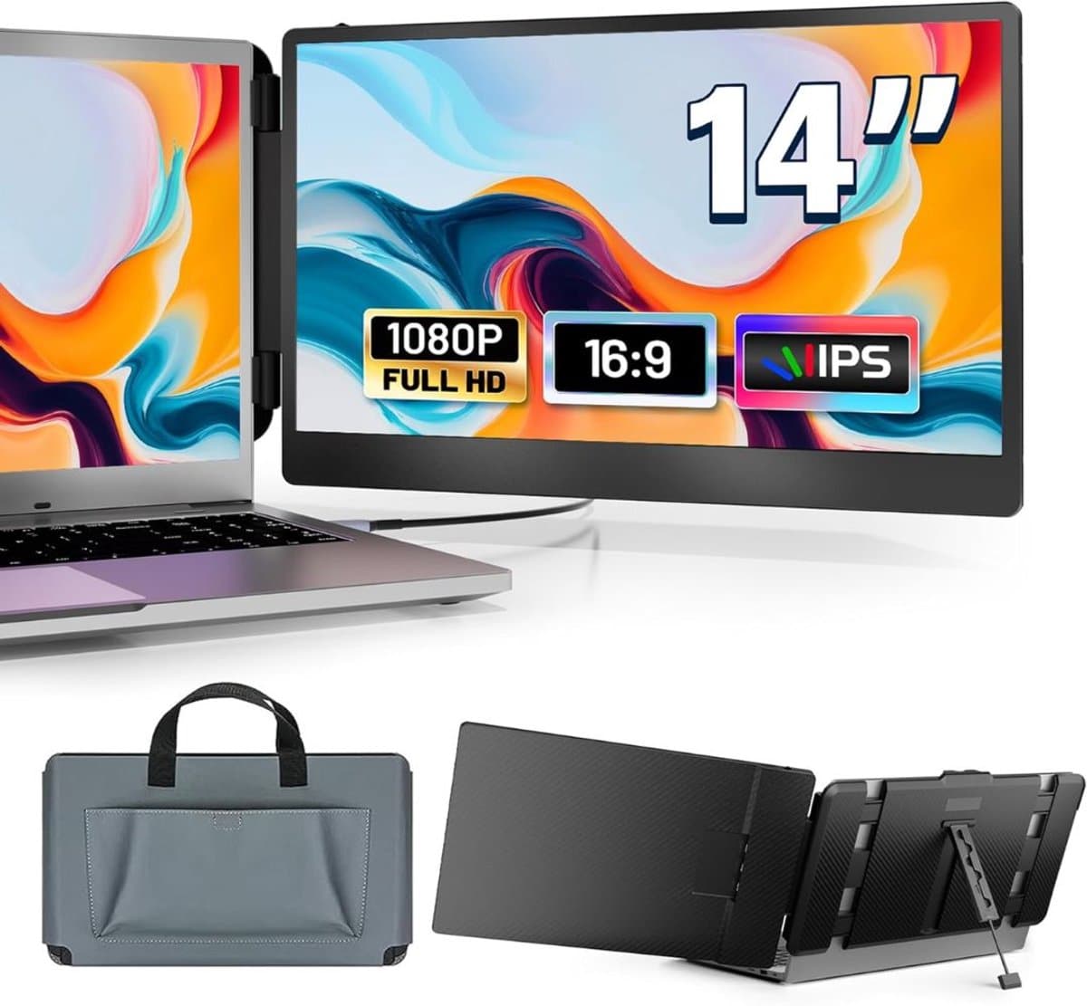 CRLYN® Portable Monitor - Tri Screen - Laptop Uitbreider - Full HD - Zwart — afbeelding 1