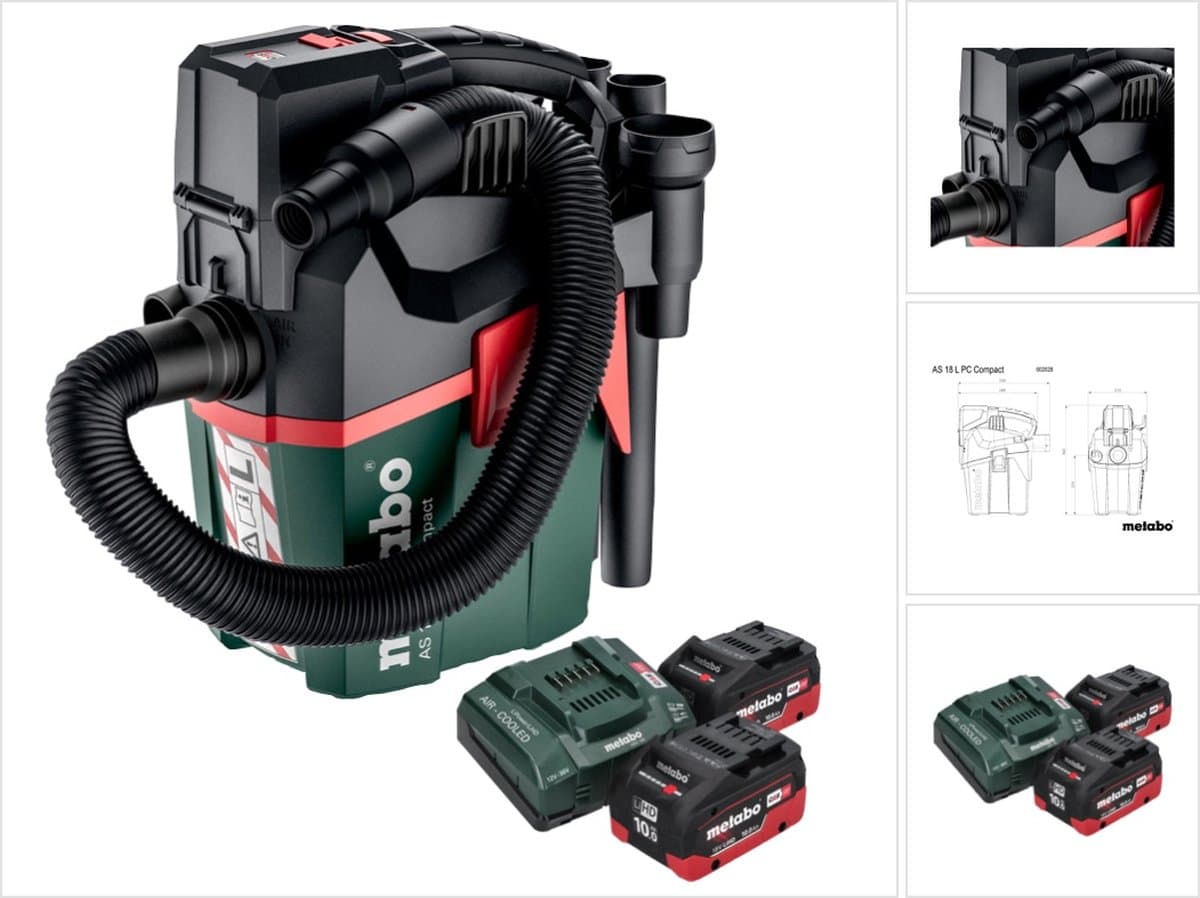 Metabo AS 18 L PC Compact accustofzuiger 18 V 6 l IPX4 stofklasse L nat en droog + 2x accu 10,0 Ah + oplader — afbeelding 1
